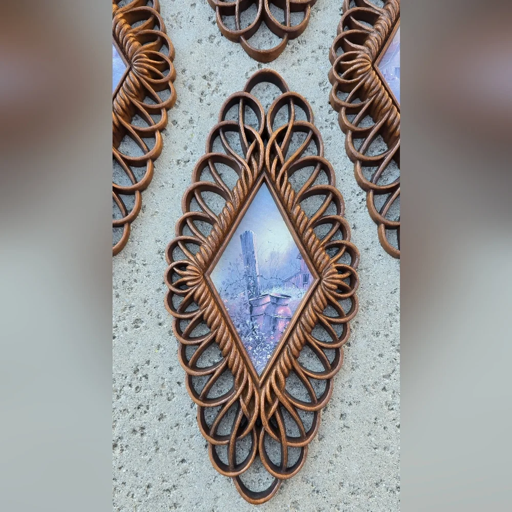 Vtg‎ Burwood wicker diamond plaques MCM set of 4 Cottagecore Farmhouse Country